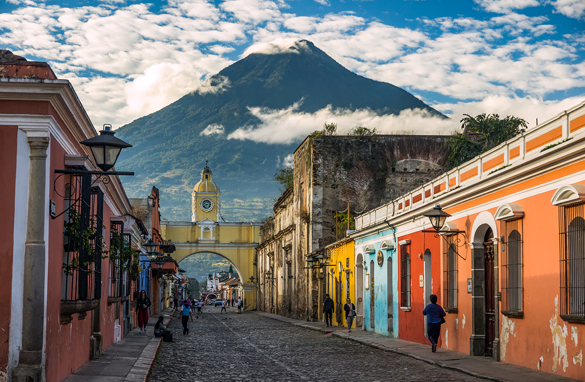 colorful Antigua is surrounded by multiple Volcanos